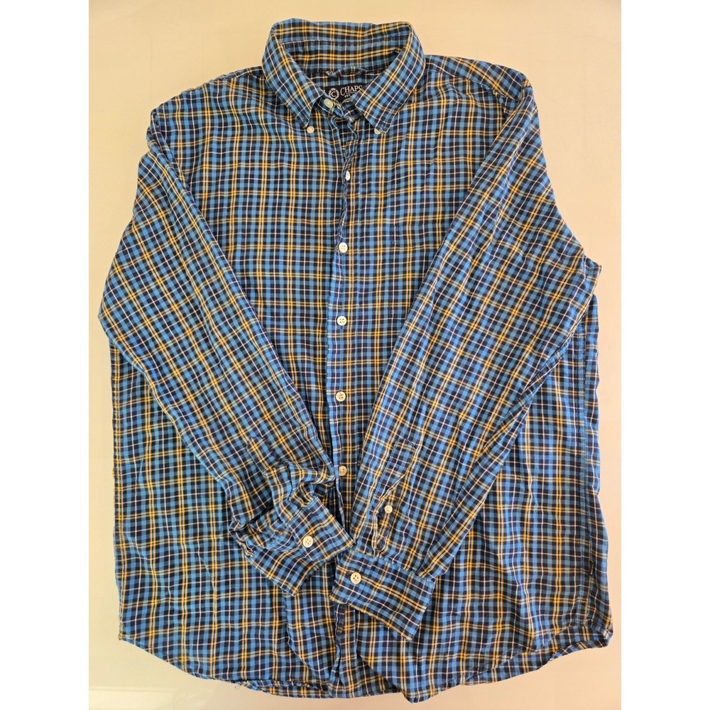 Chaps Mens Blue Yellow Plaid Cotton Long Sleeve Button Down Shirt Size M